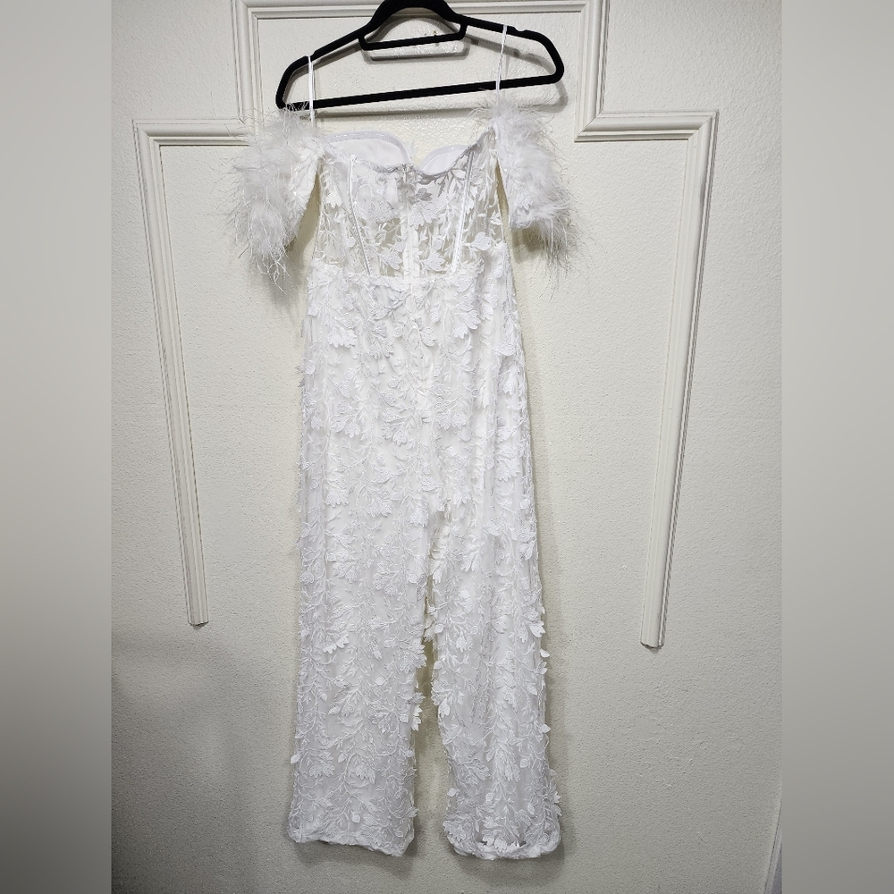 Lulus Midnight Sparkle White Mesh Embroidered Feather Bustier Jumpsuit XL Bridal - Picture 8 of 9